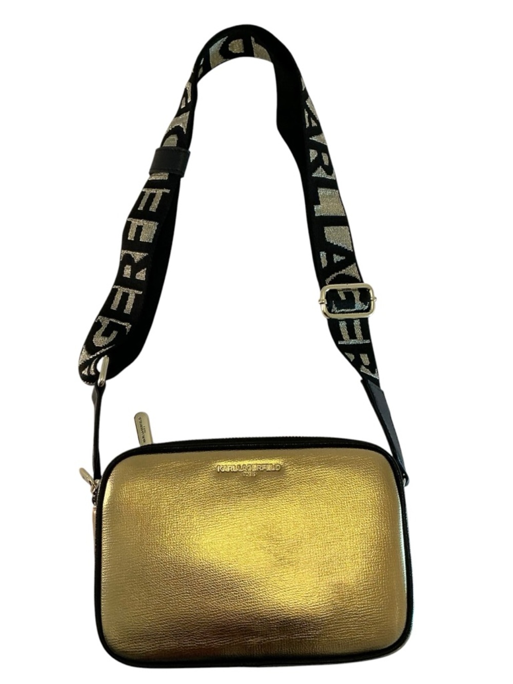 Karl Lagerfeld Maybelle Camera Crossbody Bag Black & Metallic Gold Handbag